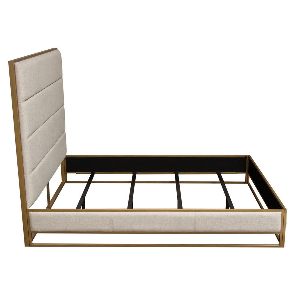 Chek Queen Size Bed w Channel Tufted Upholstery | Sand Brown | Gold Metal BM338773