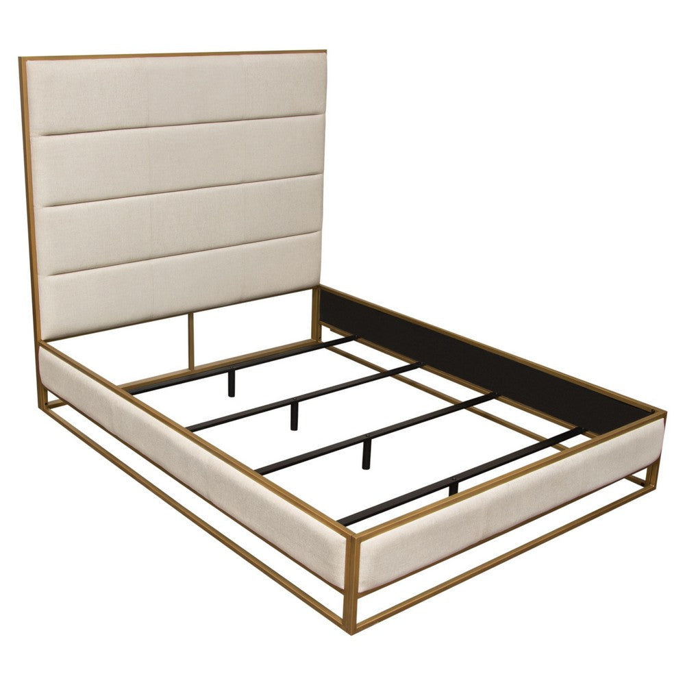 Chek Queen Size Bed w Channel Tufted Upholstery | Sand Brown | Gold Metal BM338773