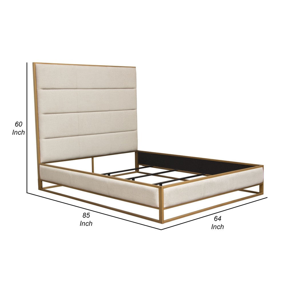 Chek Queen Size Bed w Channel Tufted Upholstery | Sand Brown | Gold Metal BM338773