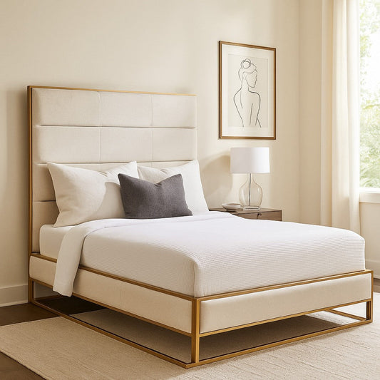 Chek Queen Size Bed w Channel Tufted Upholstery | Sand Brown | Gold Metal