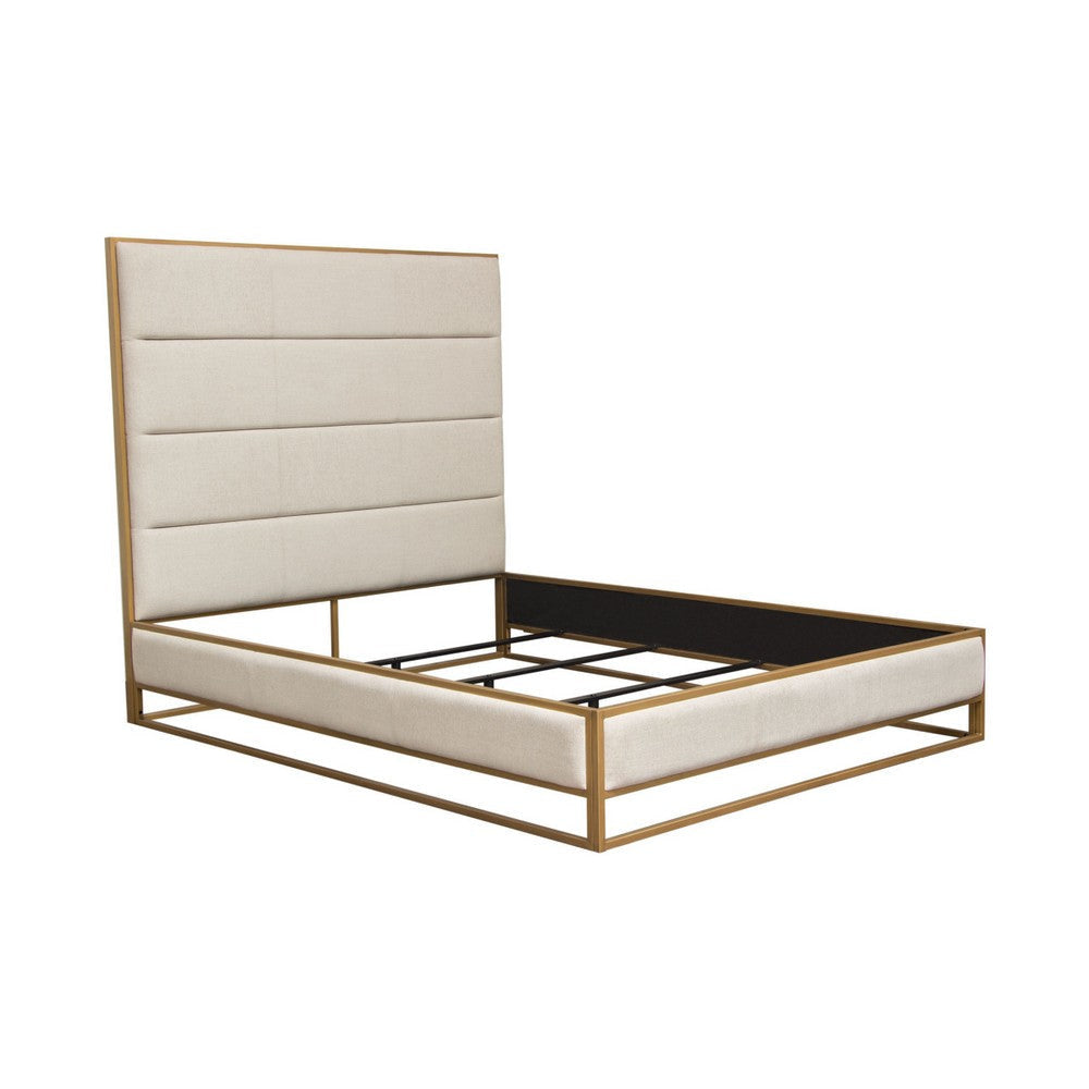 Chek Queen Size Bed w Channel Tufted Upholstery | Sand Brown | Gold Metal BM338773