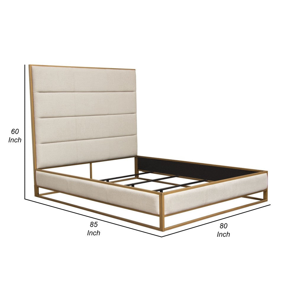 Chek King Size Bed w Channel Tufted Upholstery | Sand Brown | Gold Metal BM338774