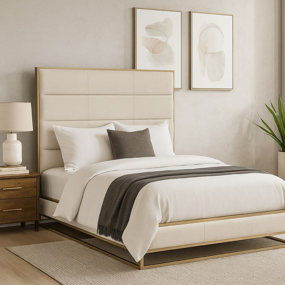 Chek King Size Bed w Channel Tufted Upholstery | Sand Brown | Gold Metal