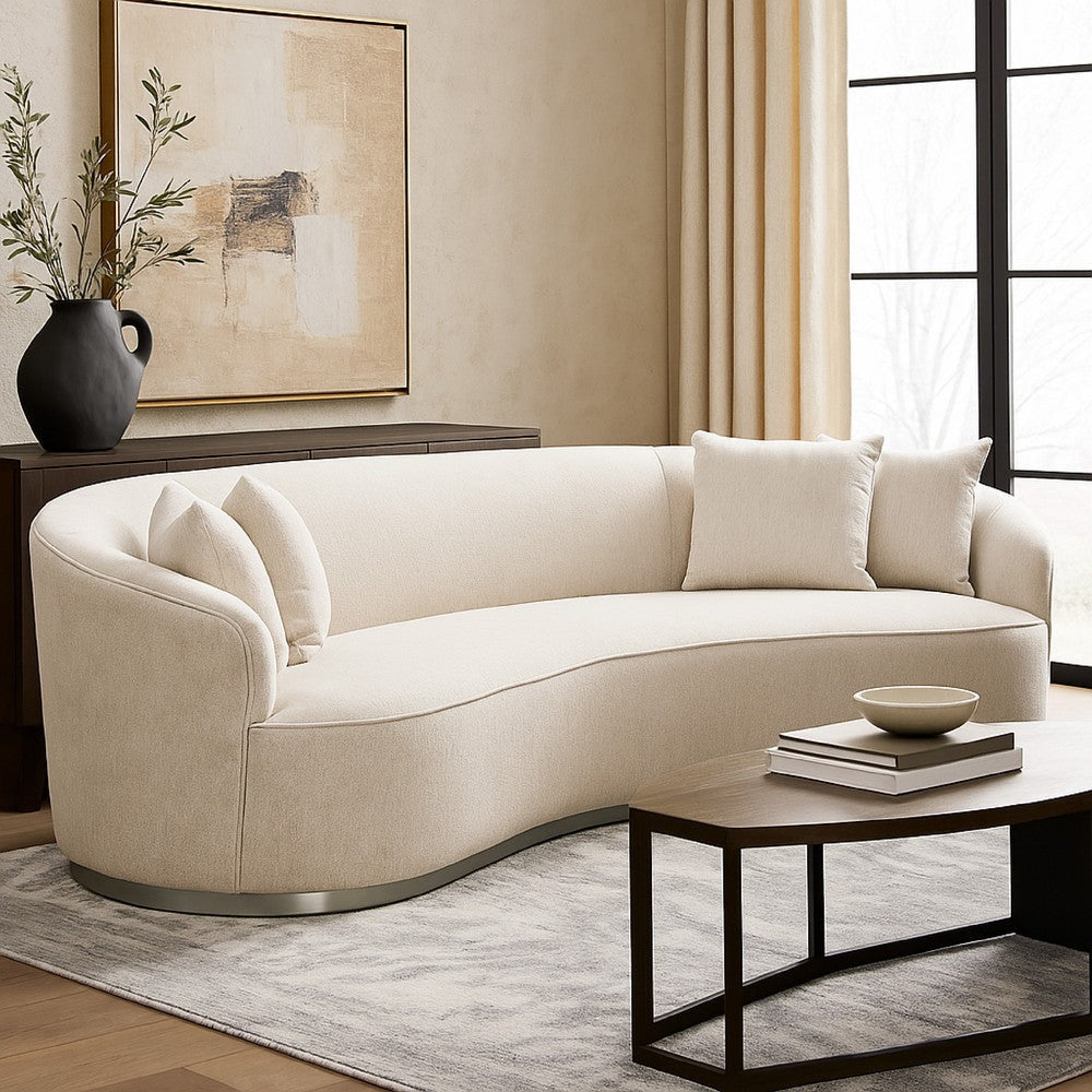 Riha Sofa | 97" Retro Curved | 4 Pillows | Cream White Velvet | Brushed Gold Trim