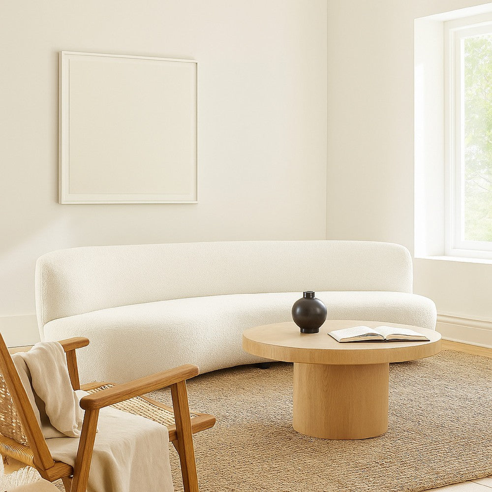 Simy Curved Sofa | 104" | White Faux Sheepskin Fabric | Black Metal Legs