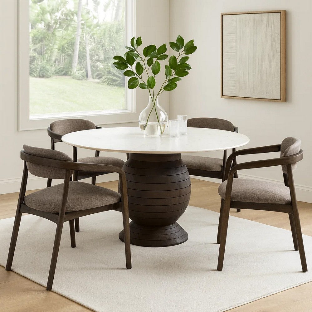 Hizy Dining Table | 60" | Round White Marble Top | Acacia Wood Base