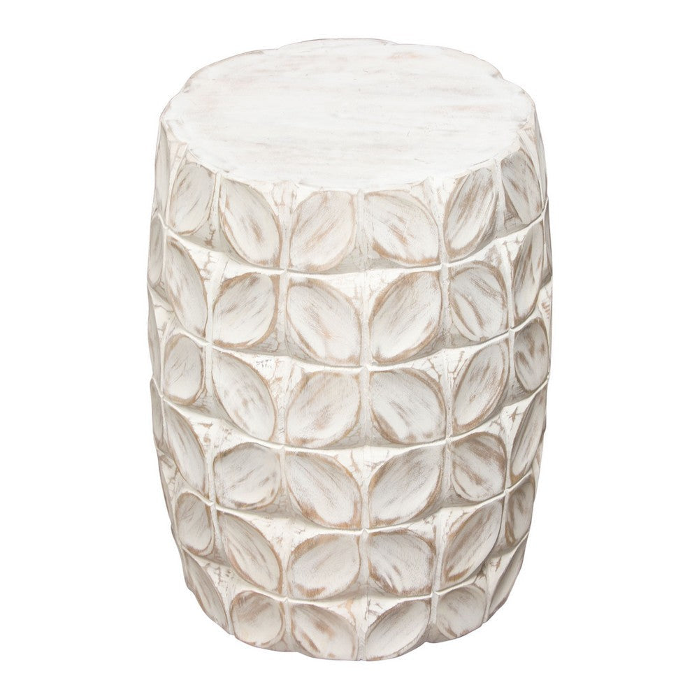 Fery Side End Table | 14’’ | Distressed White Mango Wood w Leaf Motifs BM338783