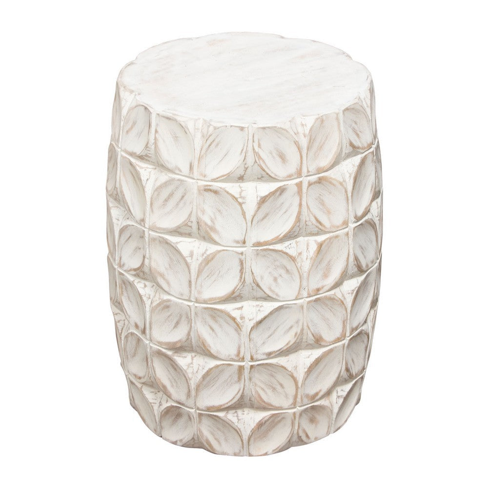 Fery Side End Table | 14’’ | Distressed White Mango Wood w Leaf Motifs BM338783