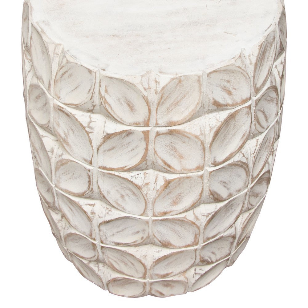 Fery Side End Table | 14’’ | Distressed White Mango Wood w Leaf Motifs BM338783