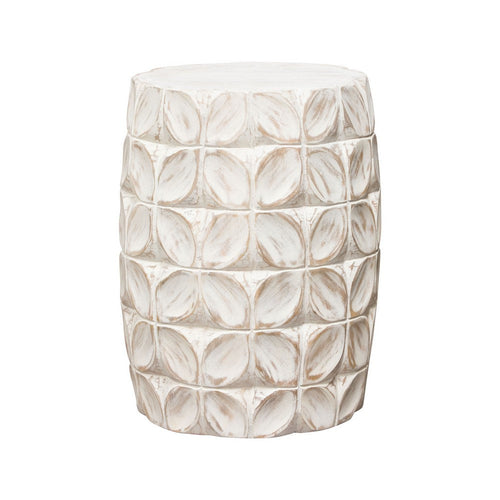Fery Side End Table | 14" | Distressed White Mango Wood w Leaf Motifs