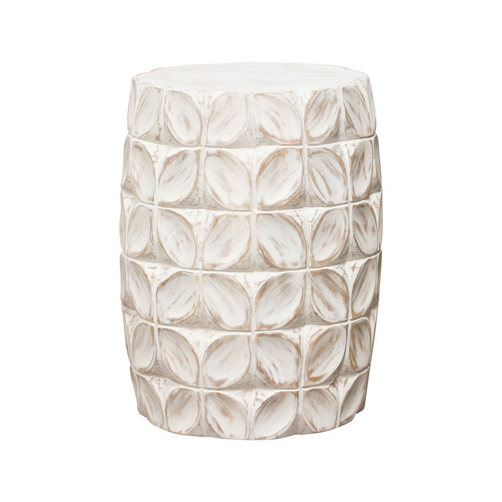 Fery Side End Table | 14" | Distressed White Mango Wood w Leaf Motifs