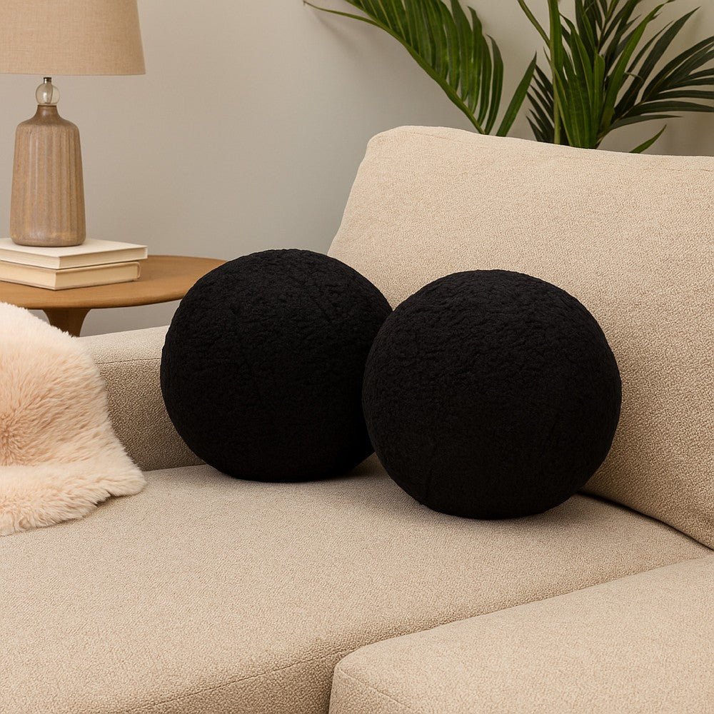 Wily Accent Pillow Set of 2 | 10’’ Round Ball| Black Faux Sheepskin