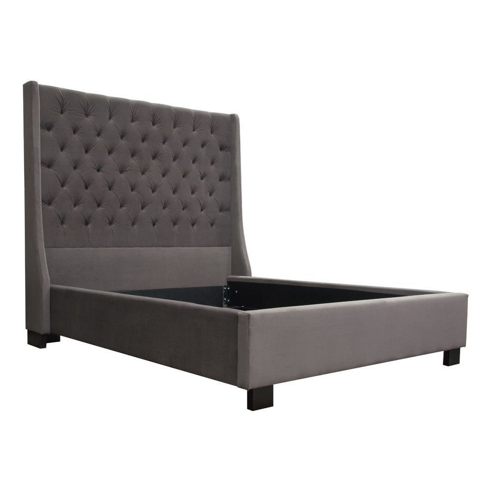 Zoa Queen Size Bed w Tufted Headboard | Smoke Gray Velvet Upholstery BM338800