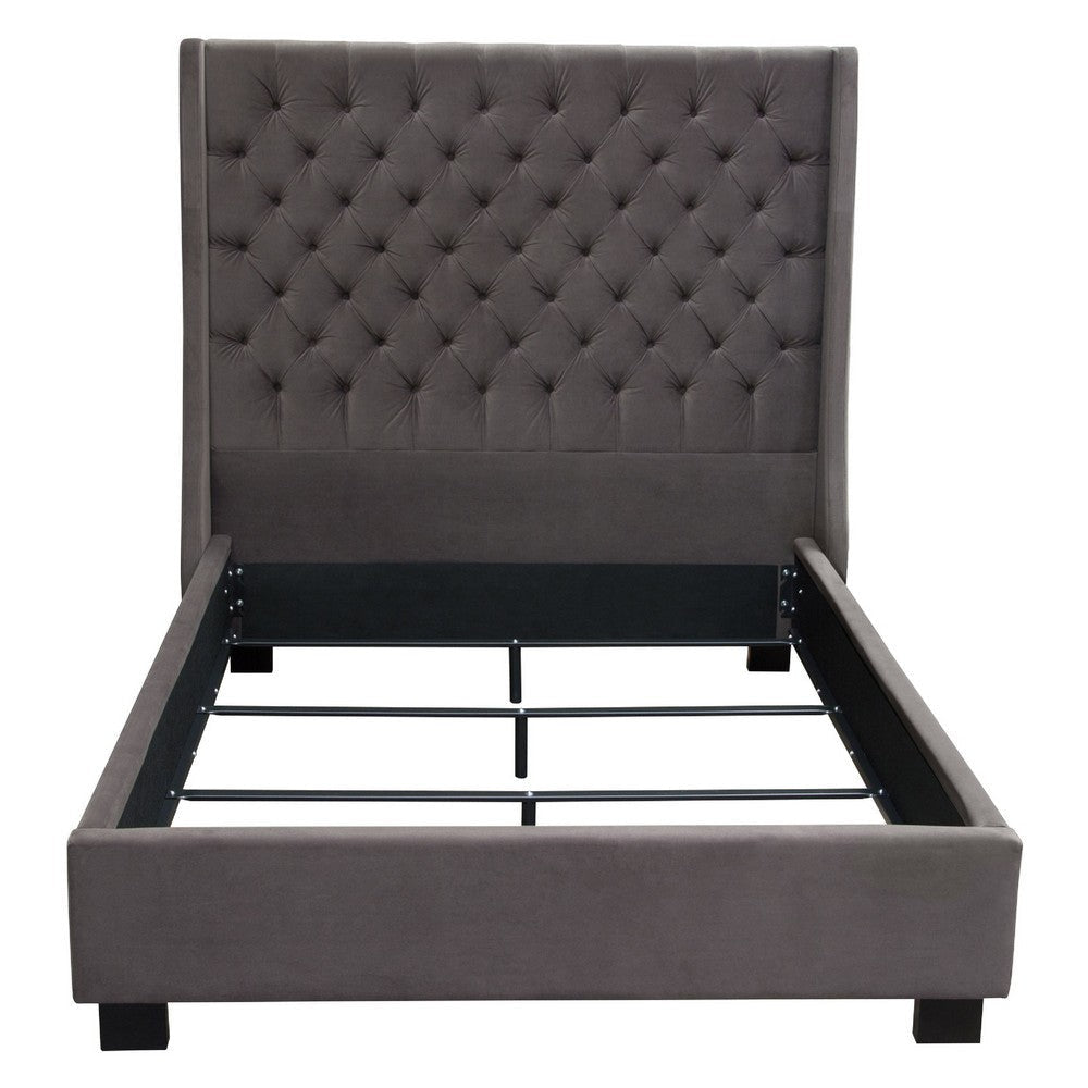 Zoa Queen Size Bed w Tufted Headboard | Smoke Gray Velvet Upholstery BM338800