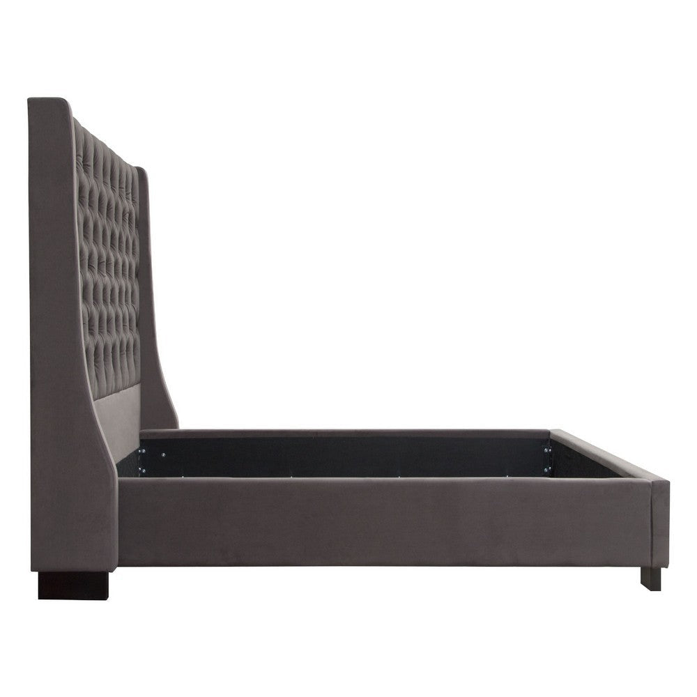 Zoa Queen Size Bed w Tufted Headboard | Smoke Gray Velvet Upholstery BM338800