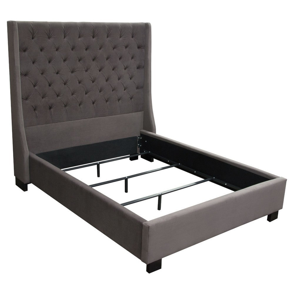 Zoa Queen Size Bed w Tufted Headboard | Smoke Gray Velvet Upholstery BM338800