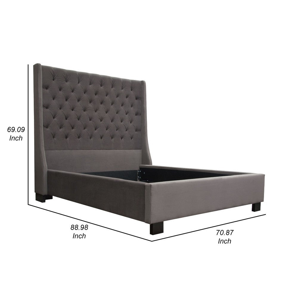 Zoa Queen Size Bed w Tufted Headboard | Smoke Gray Velvet Upholstery BM338800