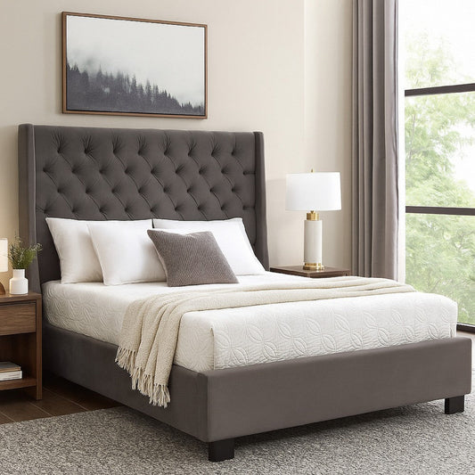Zoa Queen Size Bed w Tufted Headboard | Smoke Gray Velvet Upholstery