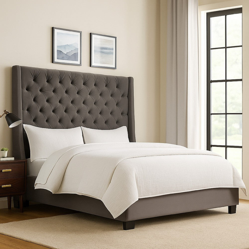 Zoa King Size Bed w Tufted Headboard | Smoke Gray Velvet Upholstery