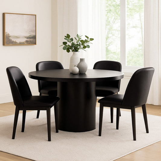 Reny Dining Table | 54" | Round Black Acacia Wood Top | Iron Pedestal