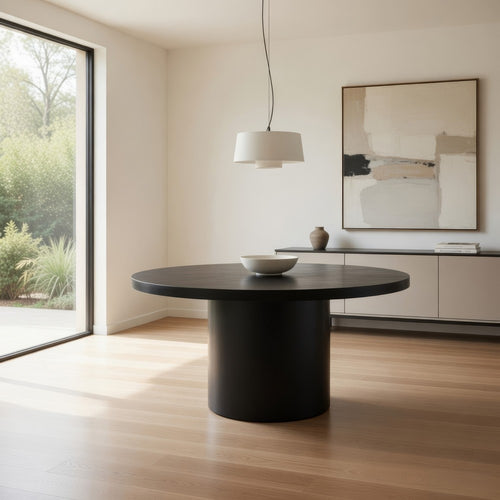 Reny Dining Table | 54" | Round Black Acacia Wood Top | Iron Pedestal