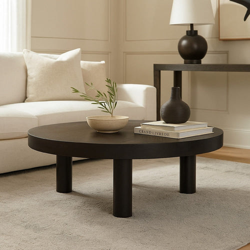 Reny Cocktail Coffee Table | 42" Round Black Acacia Wood Top | Iron Legs