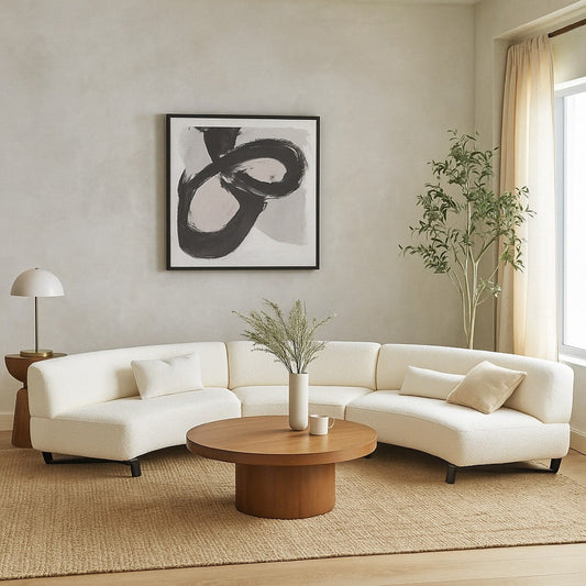 Ikka 3pc Curved Modular Sofa | White Faux Shearling | Black Wood Base