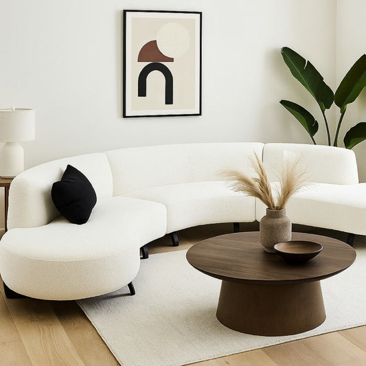 Ikka 3pc Modular Curved Sofa w Chaise | White Faux Shearling | Black Wood