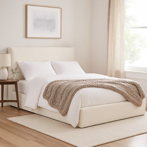 Zea Queen Size Bed w Low Profile Headboard | Ivory Boucle Upholstery