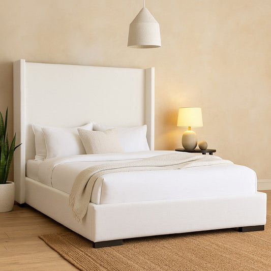 Boa Queen Size Bed w Vintage Wing Headboard | White Linen Upholstery