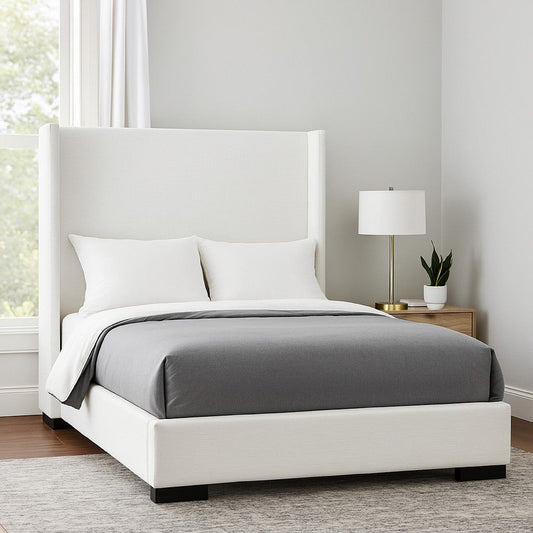 Boa King Size Bed w Vintage Wing Headboard | White Linen Upholstery