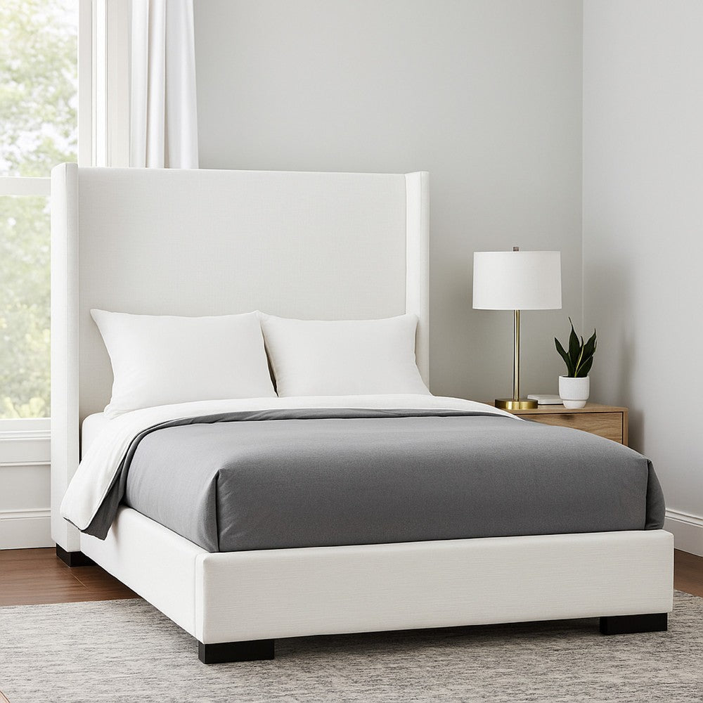 Boa King Size Bed w Vintage Wing Headboard | White Linen Upholstery