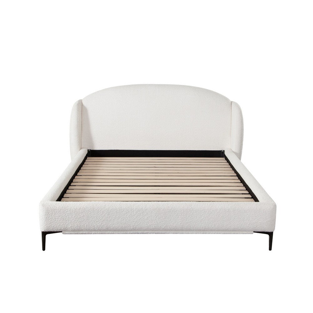 Peli Queen Size Bed | Low Profile Curved Back Ivory Faux Shearling Upholstery BM338820