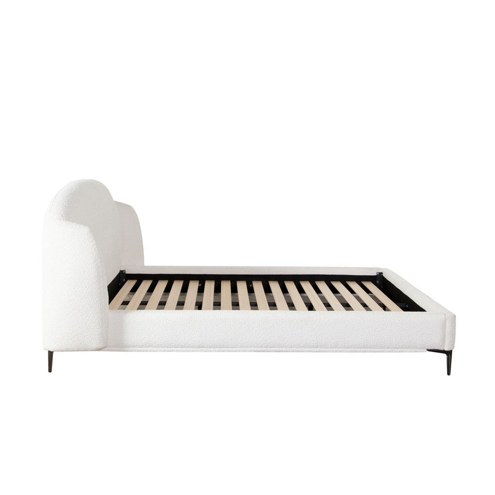 Peli Queen Size Bed | Low Profile Curved Back Ivory Faux Shearling Upholstery BM338820