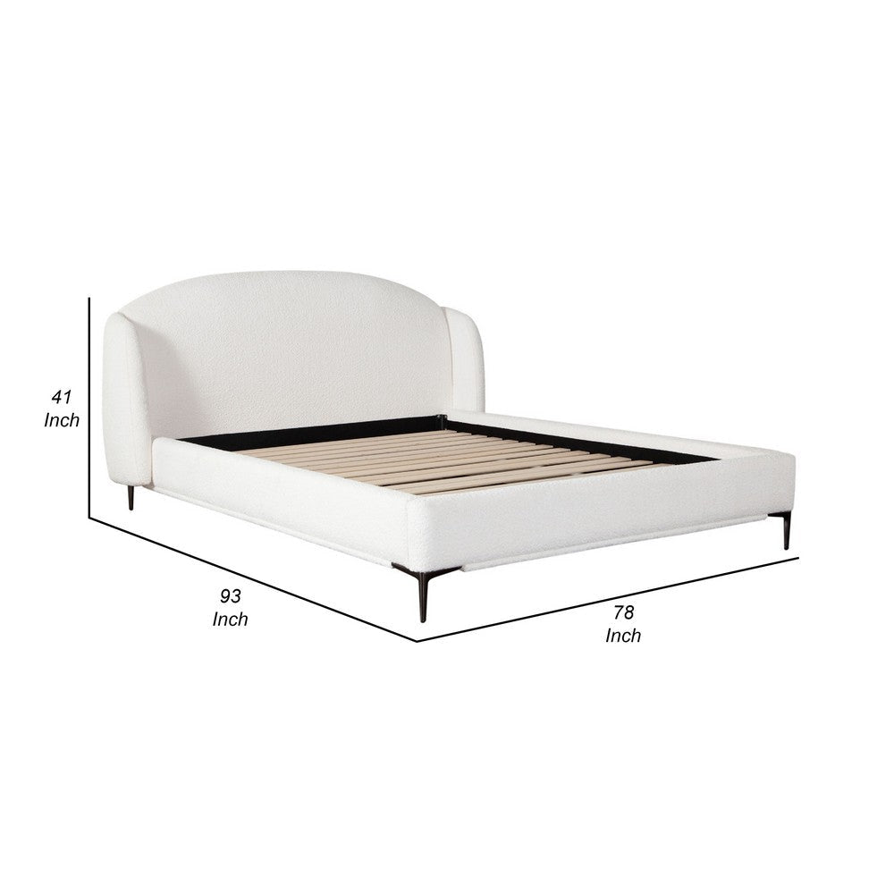 Peli Queen Size Bed | Low Profile Curved Back Ivory Faux Shearling Upholstery BM338820