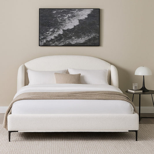 Peli Queen Size Bed | Low Profile Curved Back Ivory Faux Shearling Upholstery