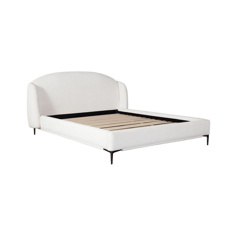 Peli Queen Size Bed | Low Profile Curved Back Ivory Faux Shearling Upholstery BM338820