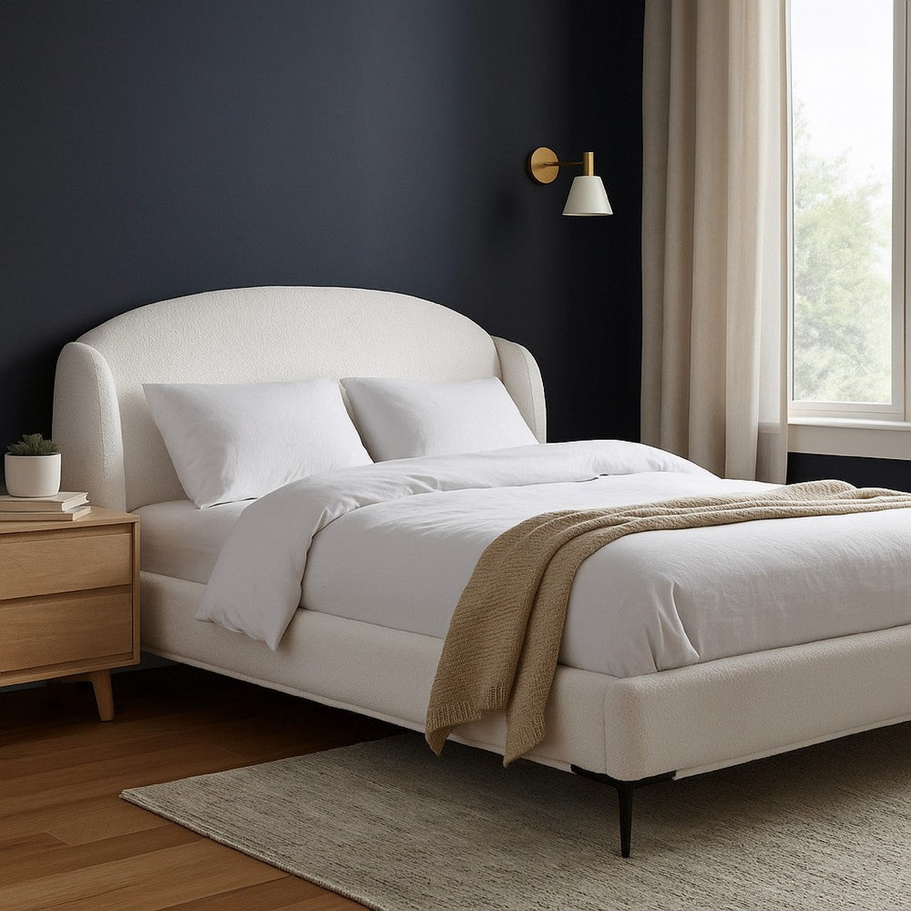 Peli King Size Bed | Low Profile Curved Back Ivory Faux Shearling Upholstery