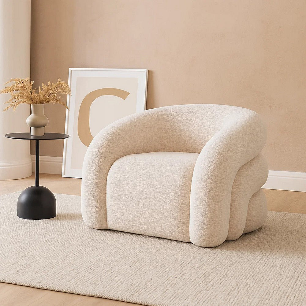 Veny Swivel Accent Chair | Ivory Sherpa Fabric | Curved Barrel Back