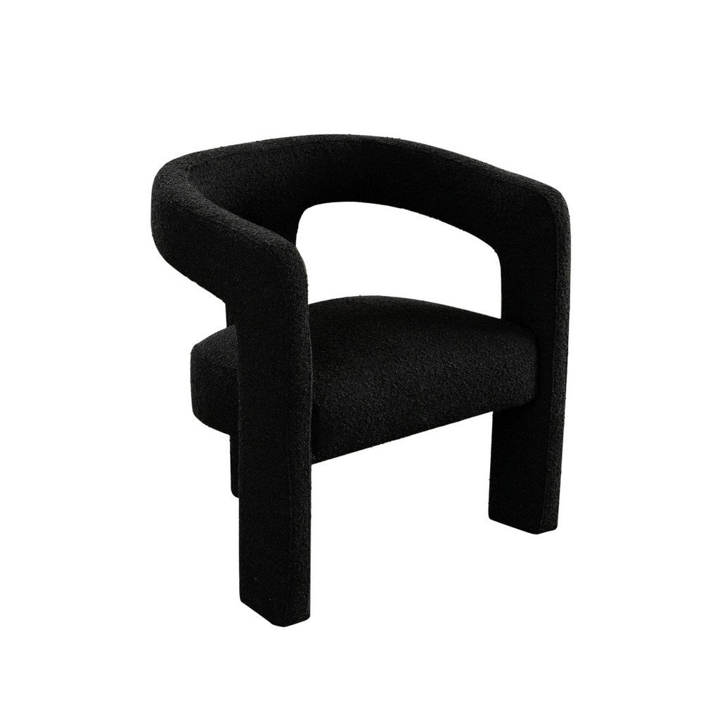 Gely Dining Accent Chair | Open Curved Back w Tripod Base | Black Boucle