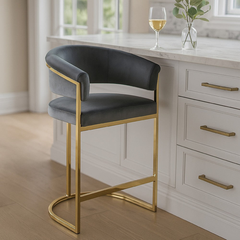 Dely Counter Height Chair | Gray Velvet with Gold Metal Sled Frame