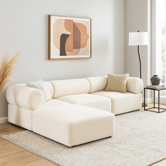 Zey 4pc Modular Sectional Sofa w/ Reversible Chaise Ottoman Set | Ivory Sherpa