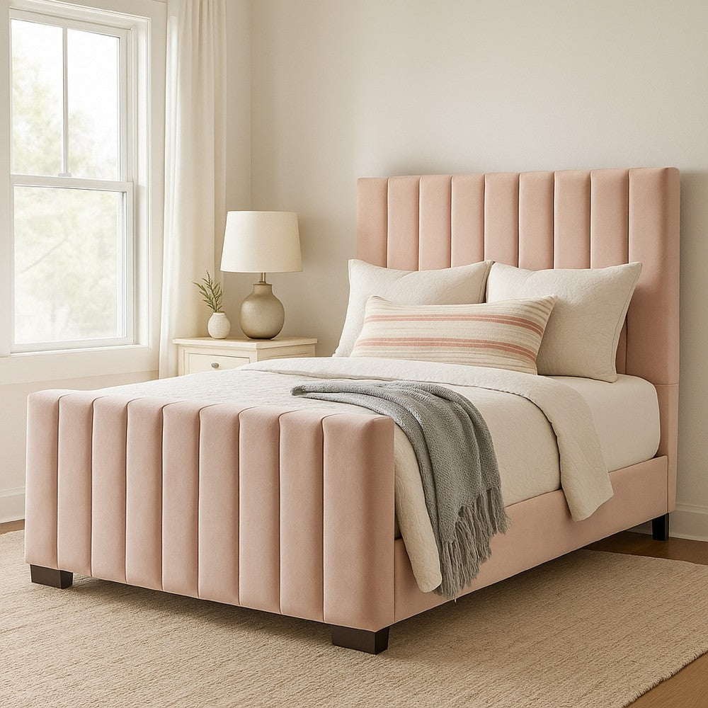 Eva King Bed | Vertical Channel Tufted Blush Pink Velvet Upholstery