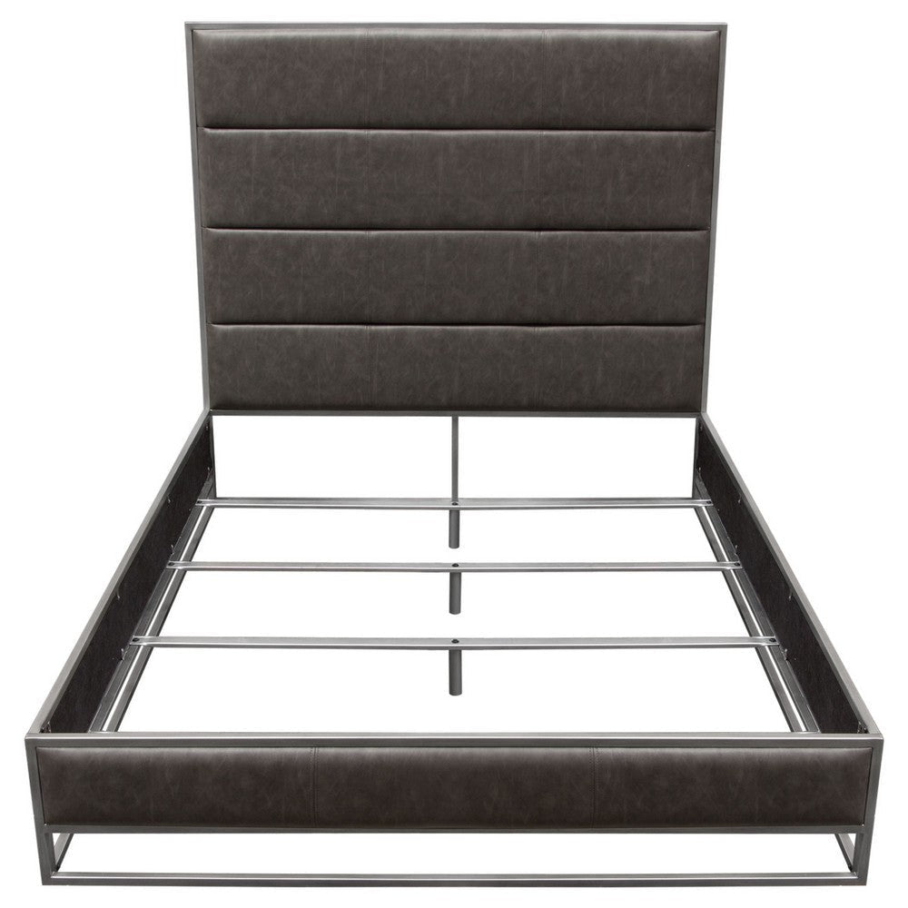 Chek Queen Size Bed | Gray Faux Leather Upholstery w Silver Metal Frame BM338852