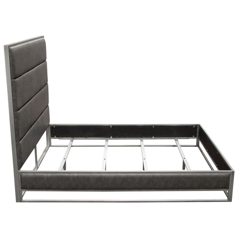 Chek Queen Size Bed | Gray Faux Leather Upholstery w Silver Metal Frame BM338852