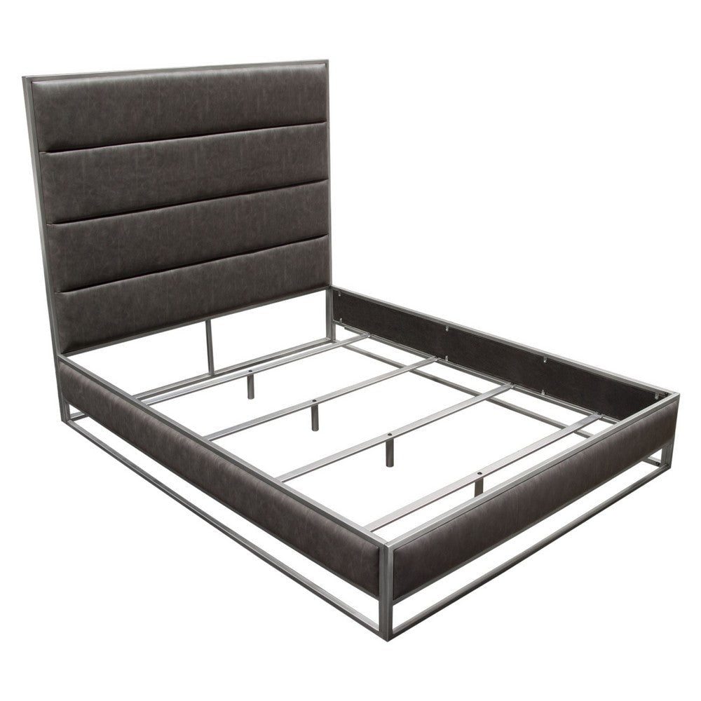 Chek Queen Size Bed | Gray Faux Leather Upholstery w Silver Metal Frame BM338852