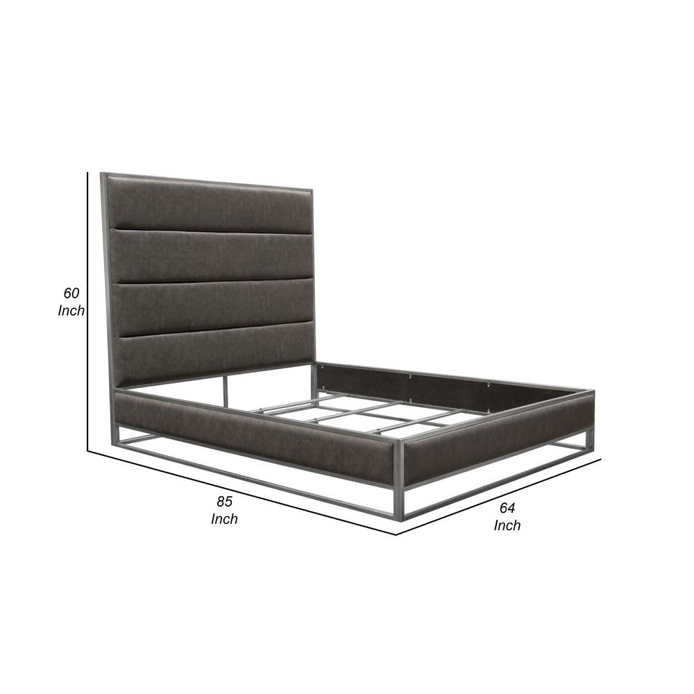 Chek Queen Size Bed | Gray Faux Leather Upholstery w Silver Metal Frame BM338852