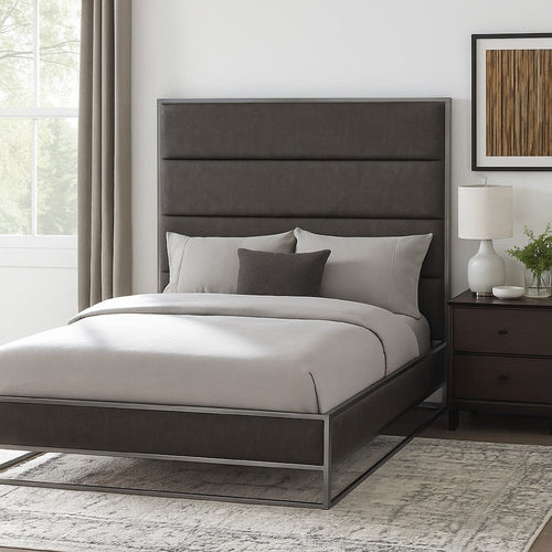 Chek Queen Size Bed | Gray Faux Leather Upholstery w Silver Metal Frame