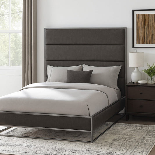 Chek Queen Size Bed | Gray Faux Leather Upholstery w Silver Metal Frame