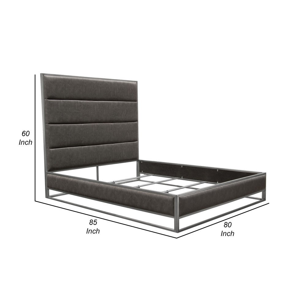 Chek King Size Bed | Gray Faux Leather Upholstery w Silver Metal Frame BM338853